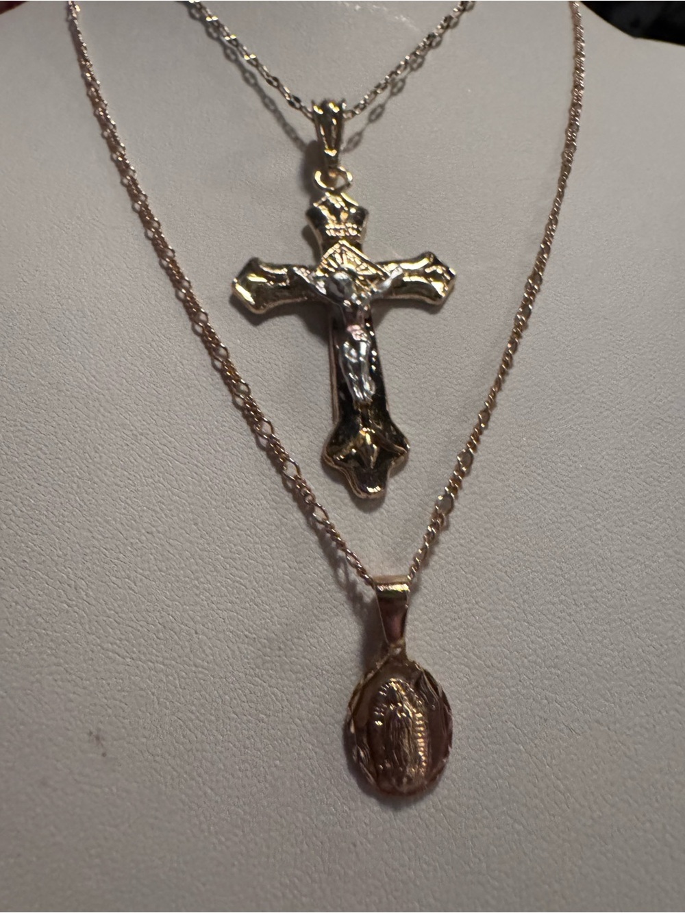 14k Gold plated Double Religious Pendant Necklace - Layered Cross and Medal
